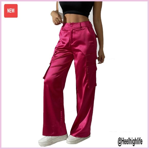 Pants - Satin Wide Leg Cargo Pants with Pockets High Waist Elastic